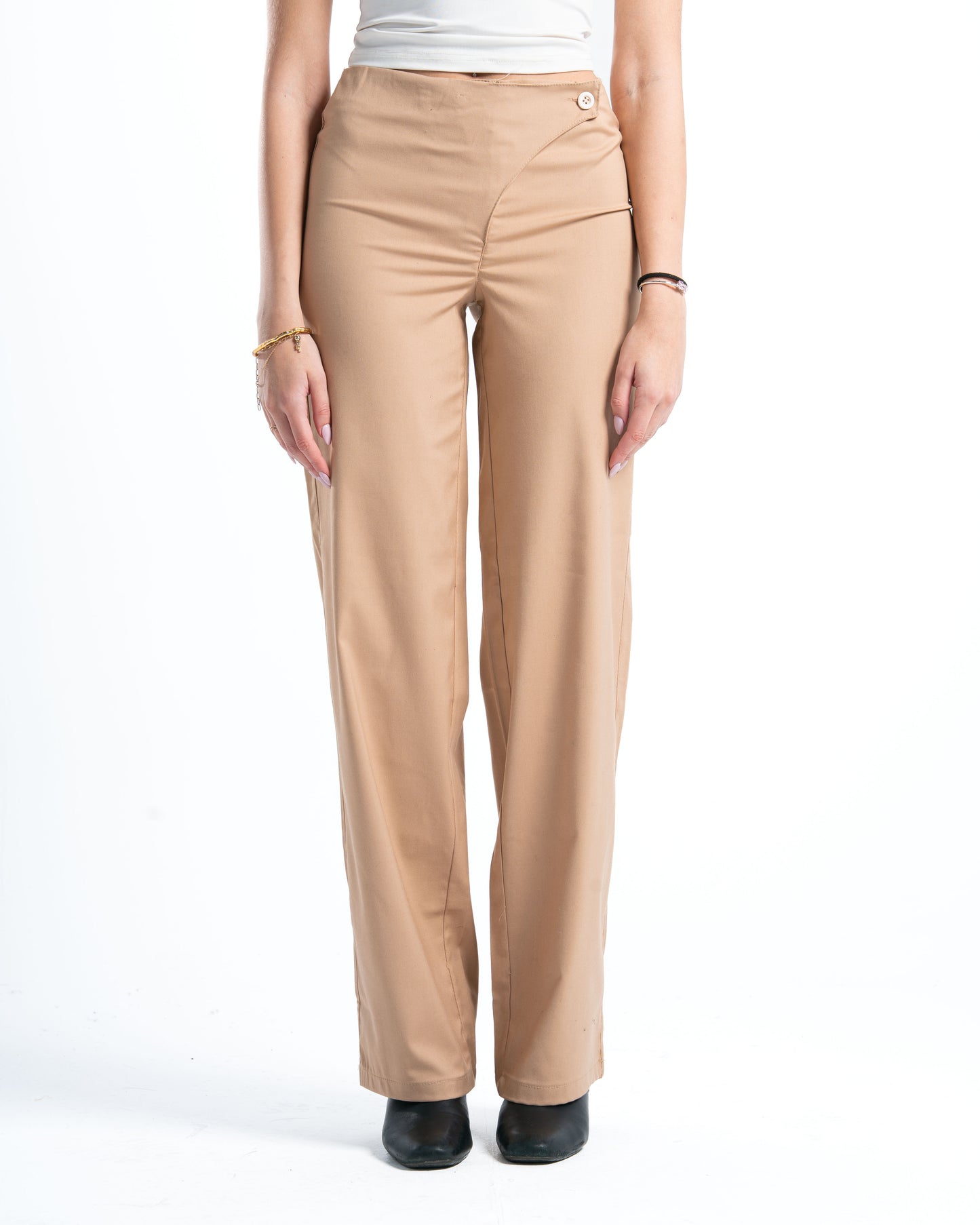 Womens Beige Cross-Waist Pleated Pants