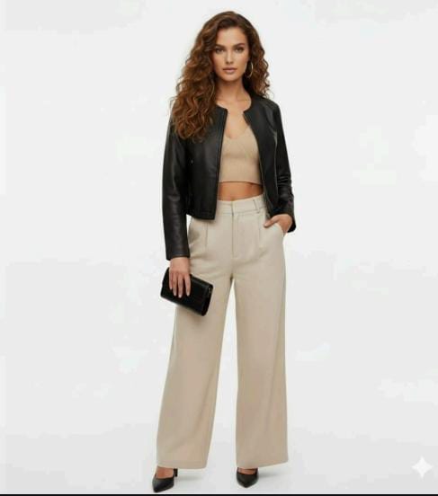 Black Boxy Leather Jacket without Collar