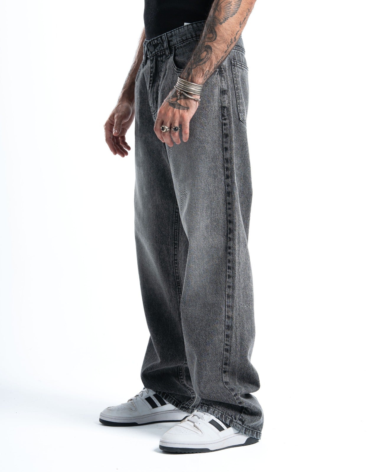 Dark Grey Wash Wide-Leg Denim Pants