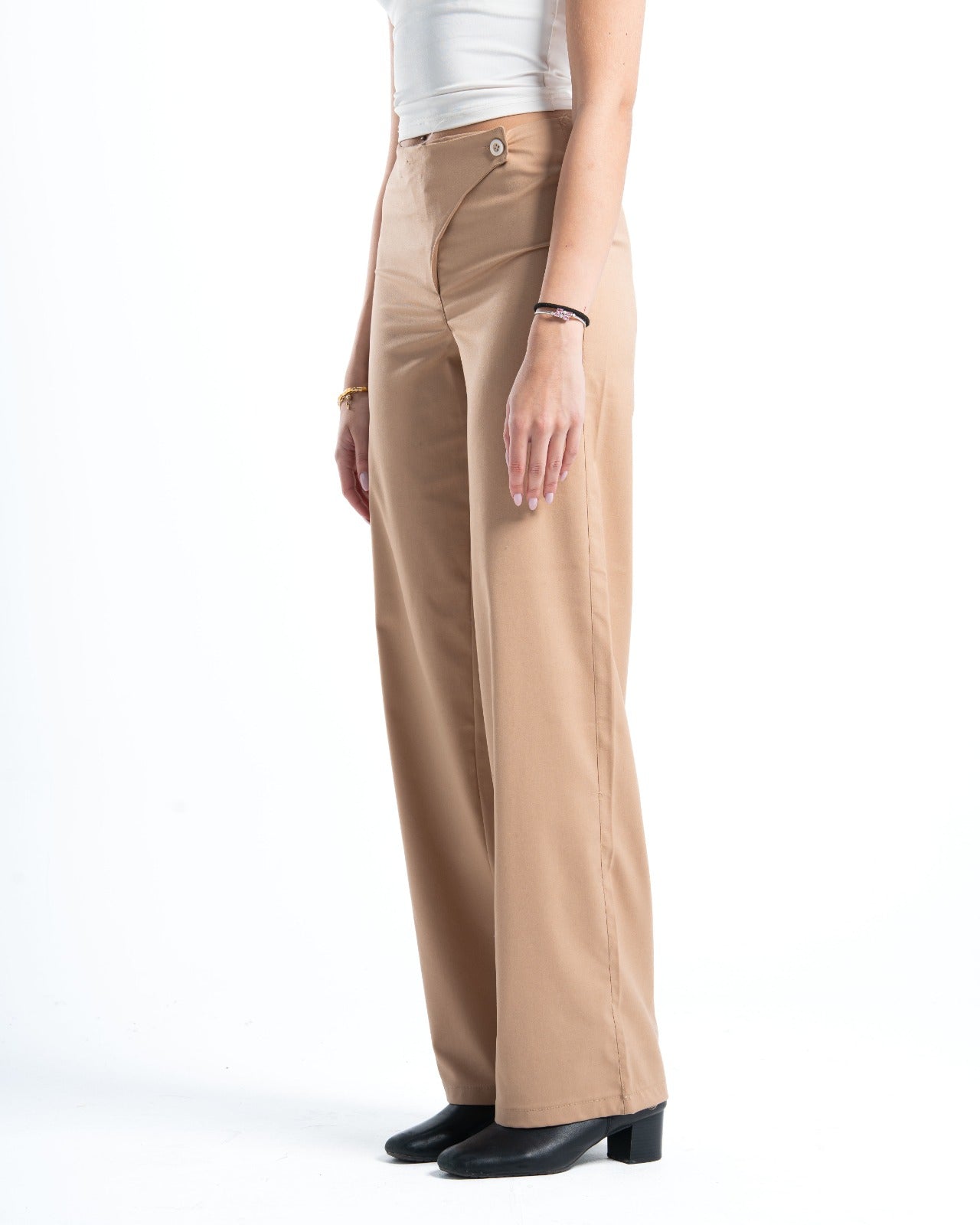 Womens Beige Cross-Waist Pleated Pants
