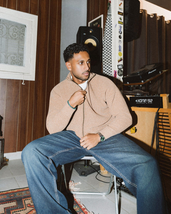 Beige Full Zip Knitted Pullover