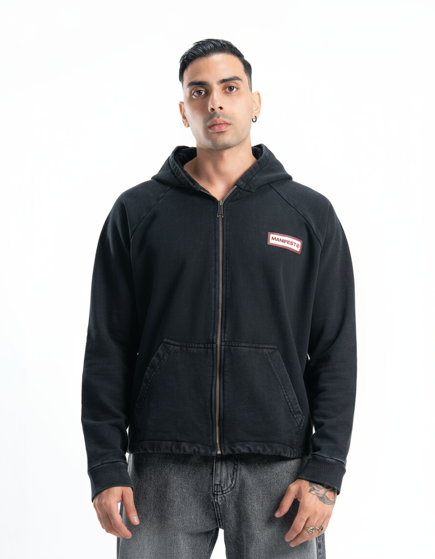 Black Vintage Wash Zip-Up Hoodie