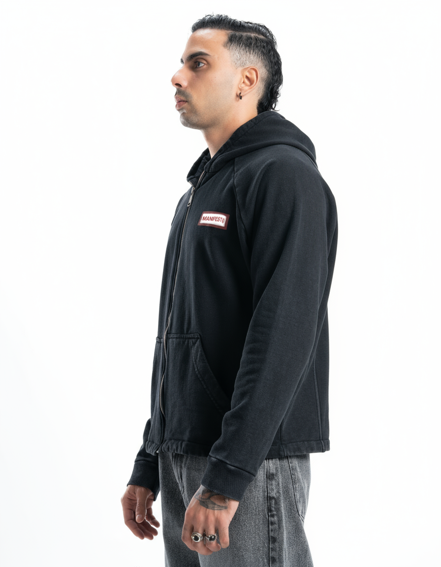 Black Vintage Wash Zip-Up Hoodie