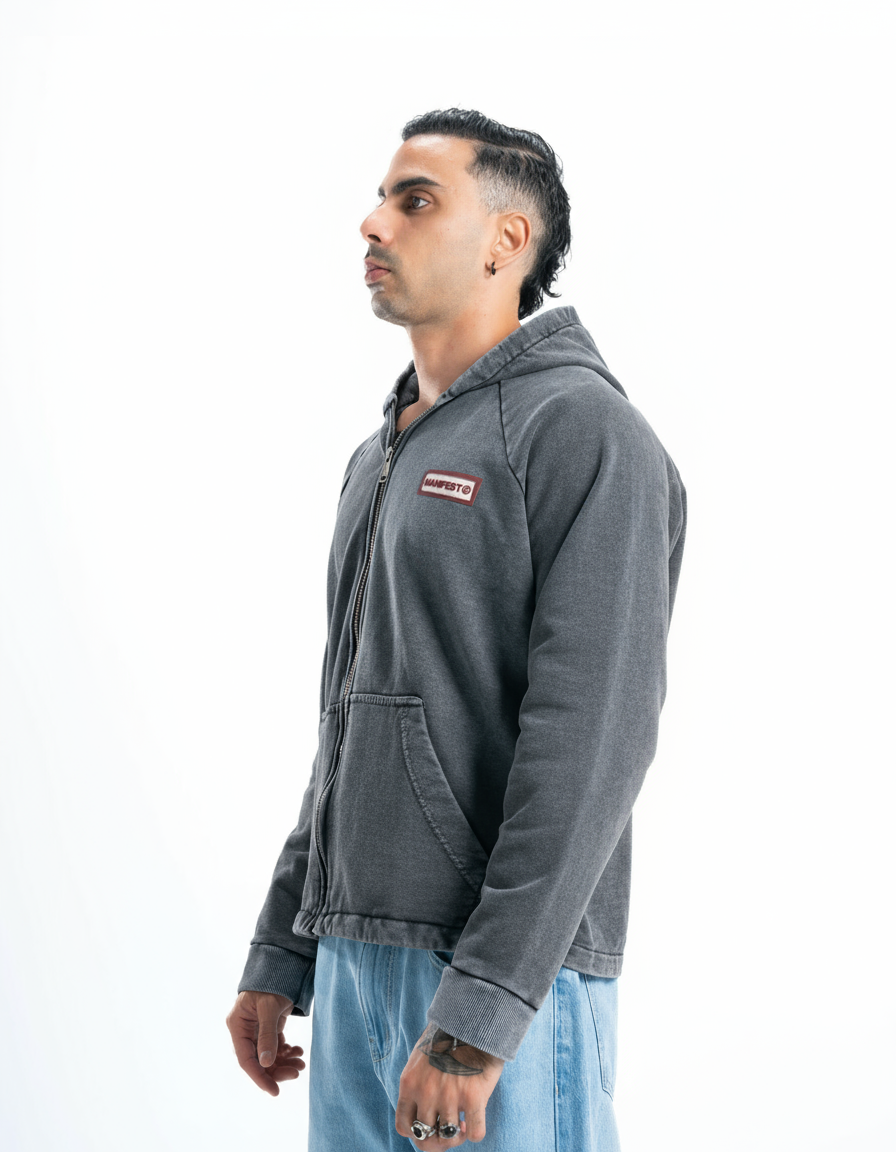 Dark Grey Vintage Wash Zip-Up Hoodie