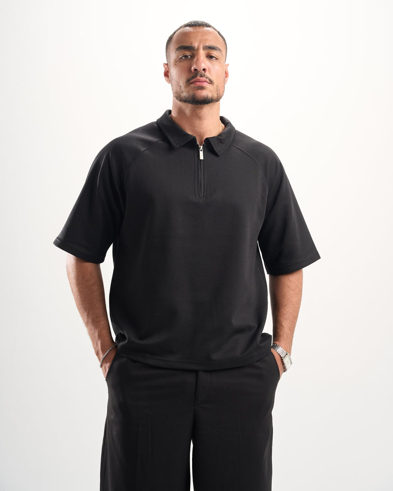 Black Boxy Zip-Up Polo