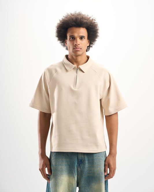 Beige Boxy Zip-Up Polo