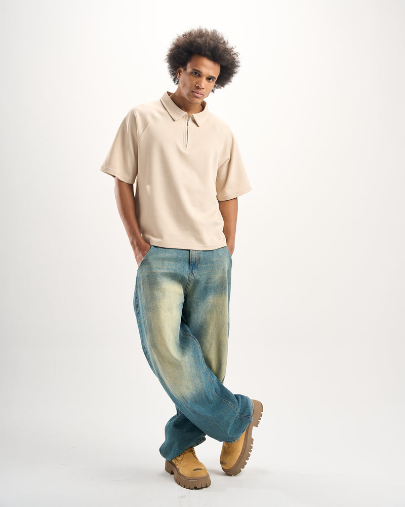 Beige Boxy Zip-Up Polo