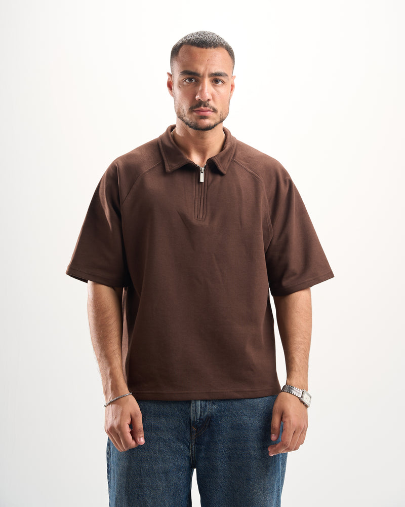 Brown Boxy Zip-Up Polo