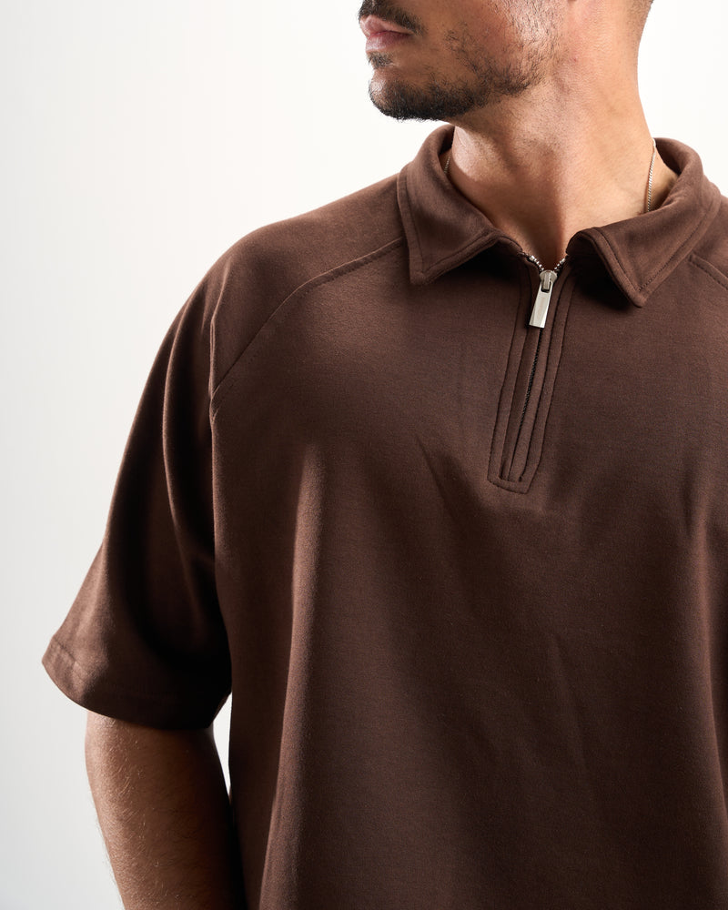 Brown Boxy Zip-Up Polo